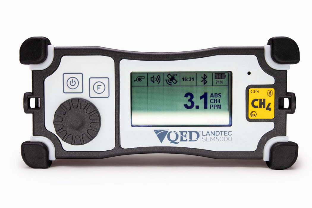 SEM5000 Landtec Portable Methane Detector with a digital screen and control buttons, primarily gray and black in color.